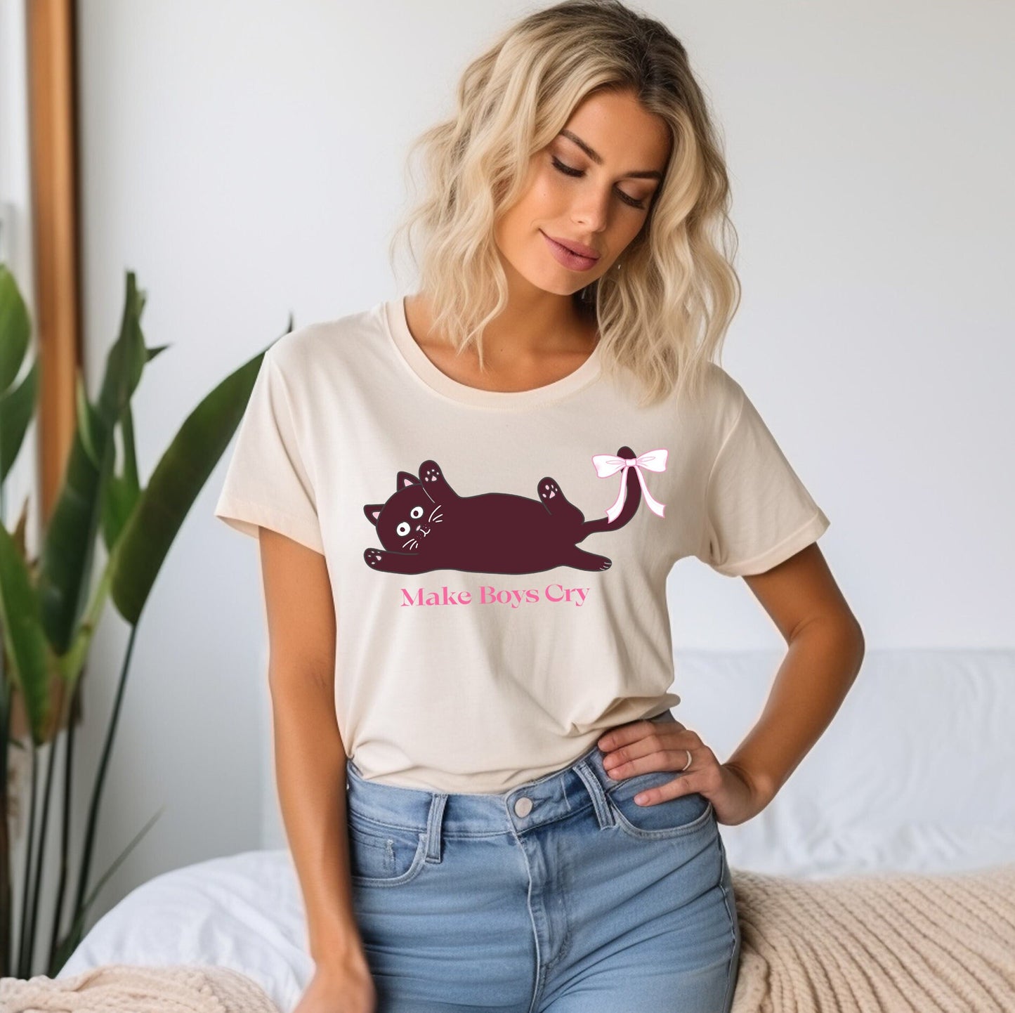 Coquette Cat T Shirt, Women T-shirt, Comfortable Cool Classic Girly Tee, Make Boys Cry, Feminist T shirt, Women Gift, Cat Lover Tee