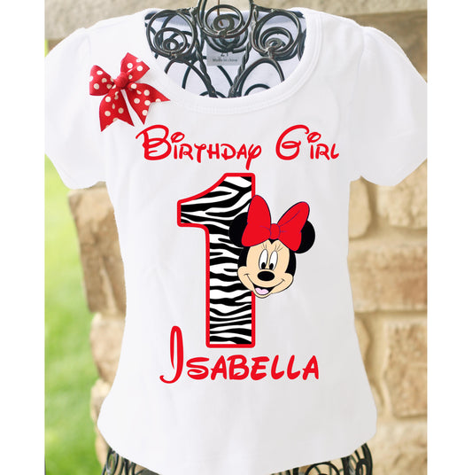 Red Zebra Minnie Mouse BIrthday Shirt
